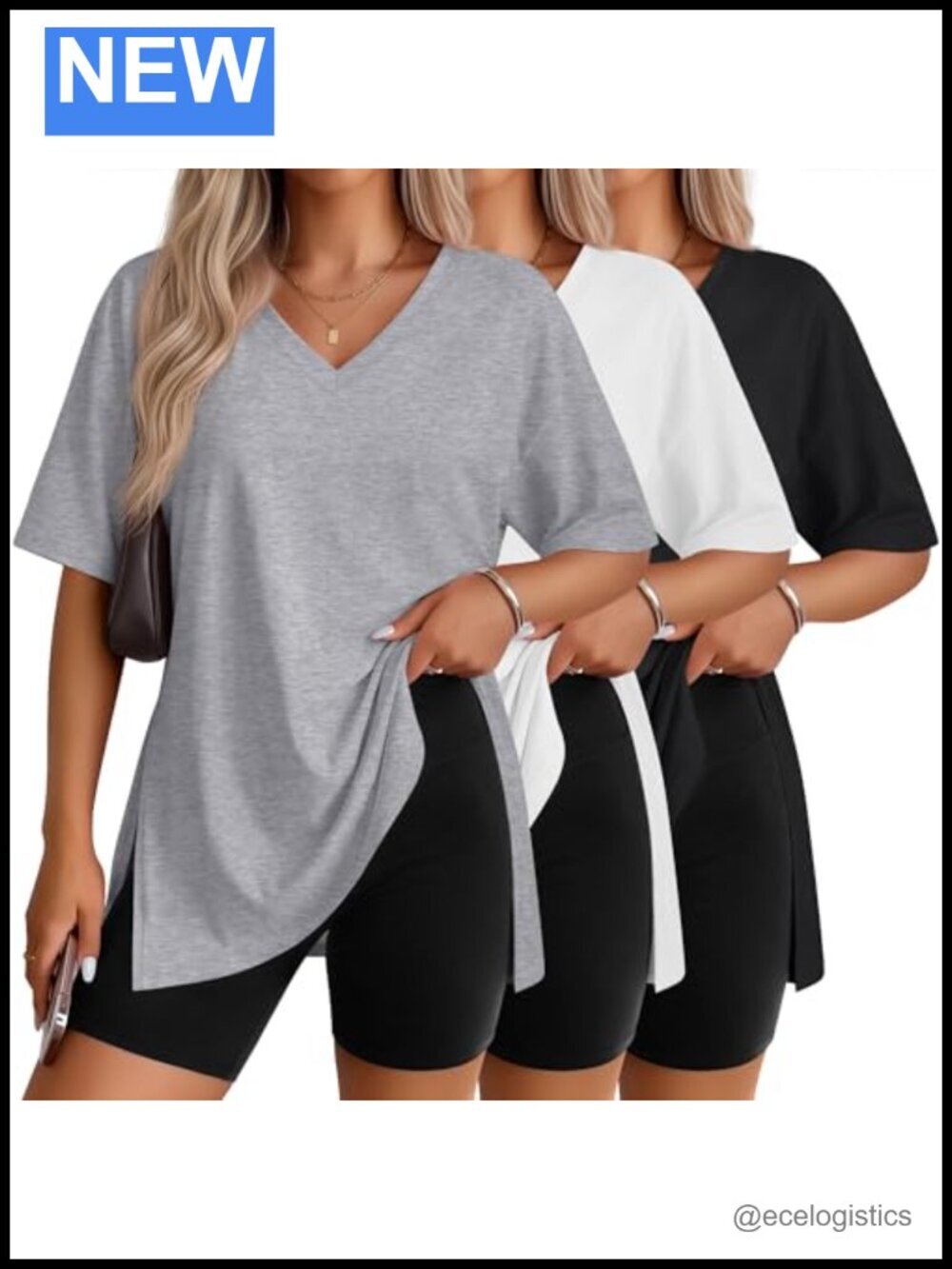 3 Pack Women's Oversized Half Sleeve V Neck Loose Fit Tee Tops Side Split